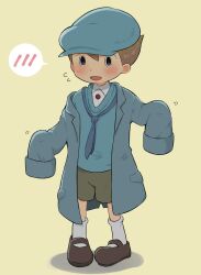 Rule 34 | 1boy, :d, black eyes, blue hat, blue jacket, blue necktie, blue sweater, blush, brown footwear, brown hair, cabbie hat, collared shirt, commentary request, flying sweatdrops, full body, green shorts, hands up, hat, highres, jacket, kiwami (kiwamimuneko), long sleeves, looking at viewer, loose necktie, luke triton, male focus, necktie, open mouth, oversized clothes, professor layton, professor layton and the unwound future, shirt, shoes, short hair, shorts, shy, smile, socks, solo, speech bubble, spoken blush, standing, sweater, white shirt, white socks, yellow background