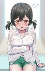 1girl absurdres arm_under_breasts black_hair blush breasts cleavage collared_shirt cowboy_shot d: double-parted_bangs dress_shirt embarrassed flying_sweatdrops green_ribbon green_shorts hair_between_eyes hair_ribbon hand_rest highres long_sleeves looking_at_viewer love_live! love_live!_nijigasaki_high_school_idol_club low_twintails medium_breasts medium_hair mifune_shioriko navel nose_blush official_alternate_costume open_mouth orange_hair oversized_clothes oversized_shirt panaham ribbon see-through_clothes see-through_shirt shirt short_shorts short_twintails shorts sitting sleeves_past_wrists solo tokimeki_no_mirai_chizu twintails wet wet_clothes wet_shirt white_shirt