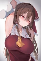 Rule 34 | 1girl, 258n, absurdres, armpits, arms up, bow, breasts, brown hair, detached sleeves, disembodied limb, grabbing, hair bow, hakurei reimu, highres, jacket, large breasts, nontraditional miko, red bow, red eyes, red jacket, red skirt, skirt, solo, sweat, touhou, white background, white sleeves