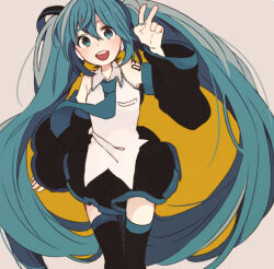 1girl blue_eyes blue_hair blush collared_shirt detached_sleeves hand_up hatsune_miku headphones long_hair long_sleeves looking_at_viewer nail_polish necktie open_mouth pleated_skirt ponponzutea shirt skirt sleeveless sleeveless_shirt smile solo thighhighs twintails v very_long_hair vocaloid