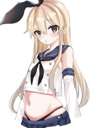 Rule 34 | 1girl, black eyes, black neckerchief, black panties, blonde hair, blue sailor collar, blue skirt, blush, breasts, crop top, cropped legs, elbow gloves, gloves, hair between eyes, hairband, highleg, highleg panties, highres, kamisuiori, kantai collection, long hair, looking at viewer, miniskirt, neckerchief, panties, parted lips, pleated skirt, sailor collar, shimakaze (kancolle), simple background, skirt, small breasts, solo, underwear, very long hair, white background, white gloves
