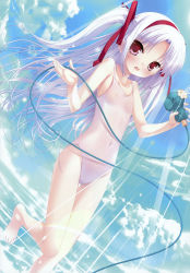 Rule 34 | 00s, 11eyes, 1girl, absurdres, barefoot, blush, cloud, day, flat chest, hagiwara onsen, hair ribbon, hairband, highres, long hair, momono shiori, navel, nipples, ocean, one-piece swimsuit, red eyes, ribbon, see-through, silver hair, sky, solo, swimsuit, twintails, very long hair, water, wet, wet clothes, wet swimsuit, white one-piece swimsuit