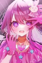 Rule 34 | 1girl, blush, commentary request, dress, frilled dress, frills, gloves, hair ornament, heart, highres, holding, holding microphone, hoshino ai (oshi no ko), idol, long hair, microphone, mouftofton397, open mouth, oshi no ko, pink dress, pink gloves, purple eyes, purple hair, rabbit hair ornament, sidelocks, solo, star-shaped pupils, star (symbol), symbol-shaped pupils, turtleneck, turtleneck dress, twitter username, v