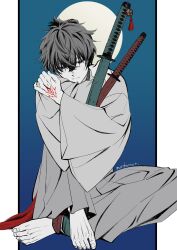 Rule 34 | 1boy, barefoot, command spell, fate/samurai remnant, fate (series), greyscale, hakama, highres, hugging object, hugging own legs, japanese clothes, katana, kimono, knee up, male focus, miyamoto iori (fate), monochrome, moon, outside border, partially colored, seikoukaze12, sheath, sheathed, simple background, sitting, solo, sword, topknot, weapon