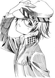 Rule 34 | 1girl, agahari, atlus, blush, cabbie hat, glasses, greyscale, hand on own head, hat, hat tip, head tilt, looking at viewer, monochrome, open mouth, persona, persona 4, shirogane naoto, short hair, simple background, solo, upper body, white background