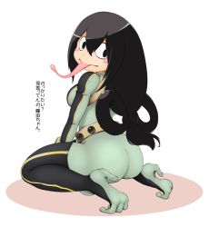 Rule 34 | 10s, 1girl, :&gt;, ass, asui tsuyu, belt, black hair, blush, blush stickers, bodysuit, boku no hero academia, breasts, eyelashes, faxbunny, frog girl, from behind, hair between eyes, hair rings, long hair, looking back, low-tied long hair, simple background, solo, text focus, tongue, tongue out, translation request, white background