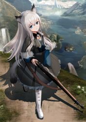 Rule 34 | 1girl, absurdres, animal ear fluff, animal ears, blue eyes, bolt action, boots, capelet, cat ears, cat tail, commission, expressionless, frilled skirt, frills, full body, fur-trimmed capelet, fur trim, grey hair, gun, highres, holding, holding weapon, jewelry, long hair, long sleeves, looking at viewer, m1903 springfield, original, parted lips, rifle, river, shadow, skeb commission, skirt, tail, tokiwa shirube, weapon, weapon request, white footwear