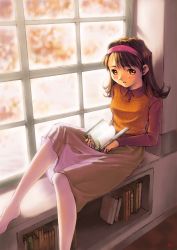 Rule 34 | 1girl, blurry, blush, book, bookshelf, breasts, brown eyes, brown hair, checkered background, copyright request, depth of field, female focus, female masturbation, hairband, highres, holding, holding book, indoors, knee up, kobayashi yuji, long hair, looking at viewer, masturbation, masturbation through clothes, no shoes, open book, pantyhose, pink hairband, sitting, sitting in window, skirt, small breasts, socks, solo, window, windowsill