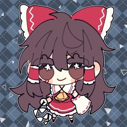 Rule 34 | 1girl, absurdres, ascot, black background, black footwear, blue background, blush, bow, brown eyes, brown hair, checkered background, chibi, closed mouth, collar, commentary, detached sleeves, full body, hair between eyes, hair bow, hair tubes, hakurei reimu, highres, long hair, looking at viewer, mangi5000, red bow, red shirt, red skirt, ribbon-trimmed sleeves, ribbon trim, shirt, shoes, sidelocks, skirt, skirt set, sleeveless, smile, socks, solo, standing, symbol-only commentary, thick eyebrows, touhou, white collar, white socks, yellow ascot