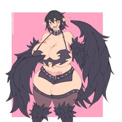 Rule 34 | 1girl, artist name, bare shoulders, belt, black hair, black harpy (monster girl encyclopedia), black shorts, black thighhighs, black wings, blush, borrowed character, breasts, cleavage, collar, cowboy shot, curvy, demon girl, drooling, earrings, harpy, highres, huge breasts, jewelry, kittenboogers, monster girl, mouth drool, navel, pink background, plump, pointy ears, pubic tattoo, red eyes, short shorts, shorts, skindentation, solo, spiked belt, standing, tattoo, thick thighs, thighhighs, thighs, underboob, wide hips, winged arms, wings