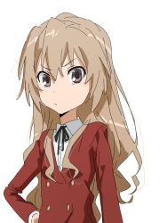 Rule 34 | 1girl, aisaka taiga, bad id, bad pixiv id, black ribbon, brown eyes, brown hair, buttons, closed mouth, collared shirt, commentary, double-breasted, hair between eyes, hand on own hip, highres, ichisannyonn, jacket, long hair, long sleeves, looking at viewer, neck ribbon, oohashi high school uniform, red jacket, ribbon, school uniform, shirt, simple background, solo, toradora!, upper body, white background, white shirt