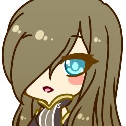 Rule 34 | 1girl, bad id, bad pixiv id, bare shoulders, blue eyes, blush, blush stickers, brown hair, chibi, detached sleeves, female focus, hair over one eye, happy, long hair, looking at viewer, lowres, muguet, open mouth, portrait, simple background, sleeveless, smile, solo, tales of (series), tales of the abyss, tear grants, white background