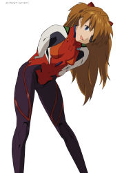 Rule 34 | 1girl, :d, baba arumi, bent over, blue eyes, bodysuit, breasts, brown hair, covered navel, dated, eyepatch, hair ornament, leaning forward, legs apart, light brown hair, long hair, looking at viewer, neon genesis evangelion, open mouth, pilot suit, plugsuit, rebuild of evangelion, signature, simple background, small breasts, smile, solo, souryuu asuka langley, standing, turtleneck, two side up, white background