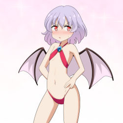 Rule 34 | 1girl, armpit peek, bare shoulders, bat wings, bikini, blush, brooch, cato (monocatienus), commentary request, contrapposto, cowboy shot, flat chest, gradient background, groin, hair between eyes, hands on own hips, highres, jewelry, light purple hair, looking to the side, midriff, navel, no headwear, nose blush, parted lips, pink background, red bikini, red eyes, remilia scarlet, simple background, slingshot swimsuit, slit pupils, solo, standing, swimsuit, touhou, v-shaped eyebrows, white background, wings