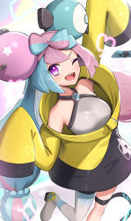 Rule 34 | 1girl, absurdres, aqua hair, bare shoulders, bow-shaped hair, breasts, creatures (company), eyelashes, game freak, gonzarez, hair ornament, happy, highres, iono (pokemon), long hair, looking at viewer, multicolored hair, nintendo, one eye closed, open mouth, oversized clothes, pink hair, pokemon, pokemon sv, purple eyes, sharp teeth, sleeves past fingers, sleeves past wrists, small breasts, smile, solo, teeth, thigh strap, twintails, two-tone hair