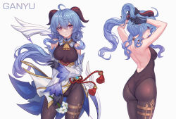 Rule 34 | 1girl, absurdres, ahoge, ass, backless leotard, bare shoulders, blue hair, bodysuit, breasts, detached sleeves, flower, from behind, ganyu (genshin impact), genshin impact, gloves, goat horns, hair between eyes, highres, horns, leotard, long hair, looking at viewer, looking back, medium breasts, multiple views, nairobi song, neck bell, pantyhose, purple eyes, shiny clothes, shiny skin, sideboob, simple background, solo, very long hair, waist cape, white background