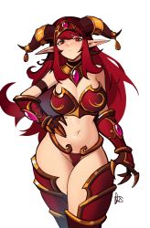 Rule 34 | 1girl, absurdres, alexstrasza, armor, bikini armor, breasts, commentary, distr, english commentary, frown, gauntlets, hand on own hip, highres, horn ornament, horns, long eyebrows, long hair, looking at viewer, medium breasts, midriff, navel, personification, pointy ears, red eyes, red hair, signature, simple background, solo, warcraft, white background, world of warcraft