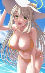 Rule 34 | 1girl, bikini, blue archive, blush, breasts, green eyes, hair between eyes, hand on headwear, hat, highres, large breasts, leaning forward, long hair, looking at viewer, midriff, navel, nonomi (blue archive), nonomi (swimsuit) (blue archive), ocean, open mouth, silver bullet (ecc12 8), sky, smile, solo, swimsuit, wet, wet clothes, wet swimsuit, yellow bikini