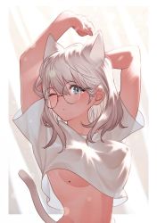 1girl animal_ears arms_up blue_eyes blush bouncing_breasts breasts cat_ears covered_erect_nipples curtains female_focus glasses looking_at_viewer medium_breasts medium_hair mole mole_on_breast no_bra original round_eyewear shirt short_sleeves silver_hair solo stretching sunlight tareme tears underboob upper_body white_shirt yoshihiro12190