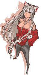 Rule 34 | 1girl, bare shoulders, bow, breasts, cleavage, fujiwara no mokou, hair bow, hands in pockets, highres, large breasts, long hair, nameo (judgemasterkou), off-shoulder, off-shoulder sweater, pants, red eyes, ribbed sweater, silver hair, solo, standing, sweater, touhou, very long hair