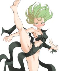 Rule 34 | 1girl, bare arms, bare shoulders, barefoot, black dress, blush, breasts, covered navel, dress, floating clothes, floating hair, green eyes, green hair, highres, long sleeves, medium breasts, one-punch man, parted lips, rakeemspoon, simple background, smile, solo, split, standing, standing on one leg, standing split, tatsumaki, telekinesis, torn clothes, torn dress, white background
