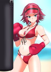 Rule 34 | 1girl, beach, bikini, blue eyes, blue sky, blurry, blurry background, blush, boxing gloves, breasts, closed mouth, code geass, code geass: genesic re;code, commentary, cowboy shot, day, depth of field, front-tie bikini top, front-tie top, frown, halterneck, hat, hiromon, horizon, jewelry, kouzuki kallen, large breasts, looking at viewer, medium breasts, multi-strapped bikini, navel, necklace, official alternate costume, outdoors, punching bag, red bikini, red hair, red hat, shiny clothes, shiny skin, short hair, sky, solo, standing, swimsuit, visor cap, wide hips