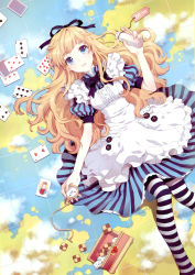 Rule 34 | 1girl, absurdres, alice (alice in wonderland), alice in wonderland, apron, blonde hair, blue eyes, breasts, buttons, card, cookie, dress, food, hair ribbon, highres, long hair, lying, map, medium breasts, nardack, on back, pocket watch, ribbon, solo, striped clothes, striped thighhighs, thighhighs, watch