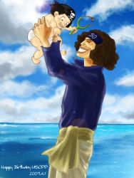Rule 34 | 2boys, age difference, aged down, bandana, black hair, blue sky, cloud, east blue, family, father and son, multiple boys, ocean, one piece, outdoors, sky, slingshot (weapon), smile, usopp, water, yasopp