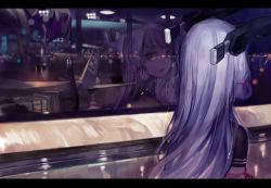 Rule 34 | 10s, aika warazu, airport, blurry, depth of field, glass, highres, kantai collection, letterboxed, lights, long hair, looking outside, murakumo (kancolle), red eyes, reflection, white hair