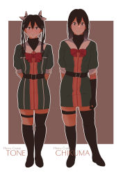 Rule 34 | 2girls, arms behind back, asymmetrical legwear, black eyes, black footwear, black gloves, black hair, boots, border, brown background, brown hair, character name, chikuma (kancolle), dress, full body, gloves, green skirt, hair between eyes, hair ribbon, hieda (hiedanoaqn), highres, kantai collection, long hair, military, military uniform, multiple girls, puffy short sleeves, puffy sleeves, red neckwear, ribbon, short dress, short sleeves, single thighhigh, skirt, standing, thighhighs, tone (kancolle), twintails, two-tone background, undershirt, uneven legwear, uniform, white border, white ribbon