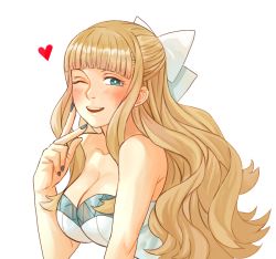 Rule 34 | 1girl, bare shoulders, blonde hair, blue eyes, bow, breasts, charlotte (fire emblem), cleavage, fire emblem, fire emblem fates, hair bow, heart, large breasts, long hair, nail polish, nintendo, one eye closed, open mouth, plaemon, solo, transparent background, upper body