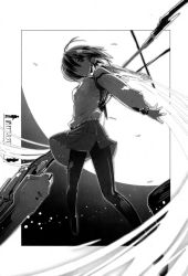 Rule 34 | 1girl, ahoge, backlighting, breasts, closed mouth, flying, from below, full moon, greyscale, hair over one eye, highres, holding, holding weapon, kazami chisato, long sleeves, looking at viewer, looking down, mechanical wings, medium breasts, miniskirt, monochrome, moon, no shoes, outstretched arms, owari no chronicle, pantyhose, satoyasu, serious, skirt, solo, weapon, wings