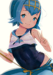 Rule 34 | 1girl, blue eyes, blue hair, blue sailor collar, bright pupils, covered navel, creatures (company), crop top, game freak, hairband, hideousbeing, lana (pokemon), looking at viewer, matching hair/eyes, nintendo, one-piece swimsuit, pants, pokemon, pokemon sm, sailor collar, school swimsuit, short hair, simple background, sleeveless, smile, solo, swimsuit, trial captain, v, white background