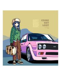 Rule 34 | 1girl, artist name, black footwear, black gloves, blue hair, blue shirt, border, briefcase, brown hat, brown pants, car, character name, commentary, cosplay, duz, english commentary, english text, fiat, fiat 131 abarth, fur hat, gloves, green jacket, hat, highres, holding, holding briefcase, jacket, long hair, looking at viewer, motor vehicle, pants, papakha, purple eyes, real life, shadow, shima rin, shirt, shoes, smile, sneakers, solo, tyler the creator, tyler the creator (cosplay), white border, yurucamp
