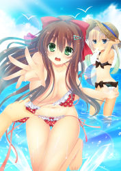 Rule 34 | 2girls, assisted exposure, ball, beachball, bikini, bikini pull, blue eyes, blue sky, bow, bra, bra pull, breasts, brown hair, clothes pull, clothes theft, collarbone, day, embarrassed, fingernails, food, green eyes, hat, highres, large breasts, leg up, looking at viewer, mouth hold, multiple girls, navel, nipple slip, nipples, ocean, one-piece tan, original, outdoors, popsicle, pulling another&#039;s clothes, side-tie bikini bottom, sky, swimsuit, tan, tanline, theft, thigh gap, toes, topless, underwear, unworn bikini top, wardrobe malfunction, water, white hair, yanase aki