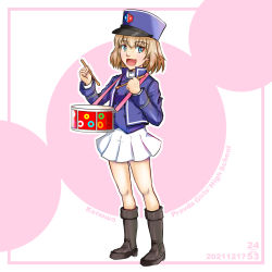 Rule 34 | 1girl, :d, artist logo, bc freedom (emblem), bc freedom military uniform, black footwear, blonde hair, blue eyes, blue hat, blue jacket, blue vest, bob cut, boots, border, circle, commentary, cyrillic, dated, dress shirt, drumsticks, emblem, english text, fang, girls und panzer, hat, high collar, holding, holding drumsticks, instrument, jacket, katyusha (girls und panzer), kepi, knee boots, long sleeves, looking at viewer, military, military hat, military uniform, miniskirt, music, nishi itsumi, open mouth, outline, pink border, playing instrument, pleated skirt, russian text, shirt, short hair, skin fang, skirt, smile, snare drum, solo, standing, uniform, vest, white outline, white shirt, white skirt
