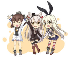 Rule 34 | &gt;:d, 10s, 3girls, :d, ^ ^, amatsukaze (kancolle), arms up, bad id, bad pixiv id, blonde hair, brown eyes, brown hair, chibi, closed eyes, dress, edge stripe, elbow gloves, closed eyes, frenchmaid (made in frenchmaid), girl sandwich, gloves, holding hands, kantai collection, long hair, multiple girls, open mouth, outstretched arms, patterned legwear, sailor dress, sandwiched, shimakaze (kancolle), silver hair, smile, thighhighs, two-tone stripes, v-shaped eyebrows, very long hair, wavy mouth, yukikaze (kancolle)