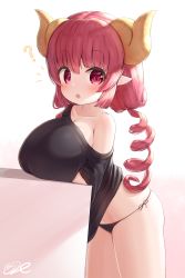 Rule 34 | 1girl, :o, ?, arm under breasts, black panties, black shirt, breast rest, breasts, collarbone, dragon girl, dragon horns, highres, horns, ilulu (maidragon), j2l, kobayashi-san chi no maidragon, large breasts, long hair, looking at viewer, off-shoulder shirt, off shoulder, open mouth, panties, pointy ears, red eyes, red hair, shirt, shortstack, side-tie panties, simple background, single bare shoulder, solo, standing, underwear