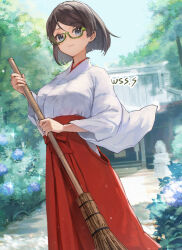 Rule 34 | 1girl, black hair, blue flower, breasts, broom, closed mouth, day, flower, glasses, green-framed eyewear, grey eyes, hakama, holding, holding broom, japanese clothes, kantai collection, kirishima (kancolle), large breasts, long sleeves, miko, outdoors, red hakama, short hair, shrine, smile, solo, wide sleeves, wss (nicoseiga19993411)