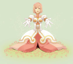 Rule 34 | 00s, 1girl, breasts, dress, estellise sidos heurassein, flower, gloves, highres, kneeling, looking at viewer, medium breasts, outstretched arms, pink hair, short hair, smile, solo, tales of (series), tales of vesperia
