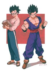 Rule 34 | 2boys, :d, absurdres, artist name, biceps, black-framed eyewear, black eyes, black hair, black wristband, blue pants, book, boots, brown footwear, clenched hands, closed mouth, collarbone, dougi, dragon ball, dragon ball super, dragon ball super super hero, dual persona, full body, glasses, hands up, highres, holding, holding book, looking at viewer, male focus, multiple boys, muscular, muscular male, open mouth, pants, pectorals, red background, red sash, relio db318, sandals, sash, shadow, shirt, short hair, simple background, smile, son gohan, spiked hair, standing, teeth, twitter username, two-tone background, upper teeth only, v-shaped eyebrows, white background, white shirt, wristband