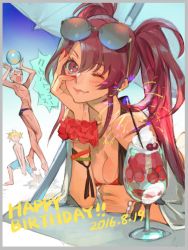 Rule 34 | 1girl, 2boys, ;), alternate costume, beach, bikini, bracelet, breasts, cleavage, eyewear on head, hand on own face, highres, jewelry, kyle dunamis, lips, long hair, loni dunamis, looking at viewer, medium breasts, multiple boys, nail polish, nanaly fletch, nishihara isao, one eye closed, parfait, red eyes, red hair, red nails, smile, sunglasses, swimsuit, tales of (series), tales of destiny 2, twintails