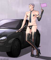Rule 34 | 1boy, arm belt, black gloves, black necktie, boots, bulge, car, cross-laced footwear, fingerless gloves, flag, glasses, gloves, grey background, grey hair, high heel boots, high heels, himuro reiichi, holding, holding flag, male focus, motor vehicle, necktie, norako gs3, pasties, solo, star pasties, thigh boots, thong, tokimeki memorial, tokimeki memorial girl&#039;s side, topless male