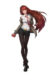 Rule 34 | 1girl, absurdres, belt, black pantyhose, blue eyes, boots, breasts, brown hair, can, dr pepper, dress shirt, drink can, highres, jacket, long hair, looking away, looking to the side, lotus999977, makise kurisu, medium breasts, necktie, off shoulder, pantyhose, pantyhose under shorts, red necktie, shirt, shorts, simple background, soda can, solo, steins;gate, white shirt
