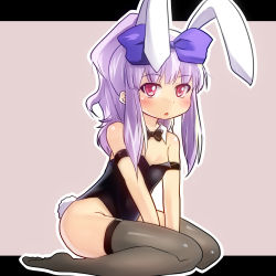 Rule 34 | 1girl, 3.1-tan, animal ears, black thighhighs, blush, bow, bowtie, detached collar, fake animal ears, flat chest, full body, hair bow, highres, leotard, long hair, open mouth, os-tan, playboy bunny, ponytail, purple hair, rabbit ears, rabbit tail, red eyes, solo, tail, thighhighs, vallerg