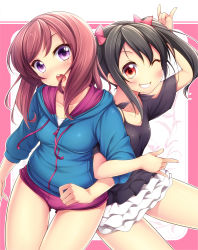 Rule 34 | 10s, 2girls, \m/, black hair, black shirt, blush, casual, double \m/, grin, hood, hooded jacket, jacket, locked arms, long hair, long sleeves, looking at viewer, love live!, love live! school idol festival, love live! school idol project, multiple girls, nishikino maki, nullken, one eye closed, open mouth, purple eyes, red eyes, red hair, shirt, short shorts, short sleeves, shorts, skirt, smile, tied shirt, twintails, white skirt, wink, yazawa nico