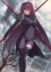 Rule 34 | absurdres, armor, bare tree, bodysuit, breasts, cloud, cloudy sky, covered navel, dual wielding, fate/grand order, fate (series), gae bolg (fate), hair intakes, highres, holding, holding weapon, large breasts, leotard, long hair, looking to the side, nekobell, outdoors, pauldrons, polearm, purple bodysuit, purple hair, purple leotard, red eyes, scathach (fate), shoulder armor, sky, solo, spear, tree, volcano, weapon
