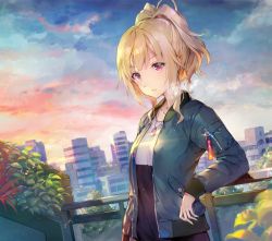Rule 34 | 1girl, blonde hair, blue jacket, breasts, breath, building, closed mouth, cloud, cloudy sky, commentary, deecha, dog tags, english commentary, high ponytail, highres, jacket, long sleeves, looking at viewer, open clothes, open jacket, original, outdoors, ponytail, purple eyes, railing, sky, small breasts, solo, sunset