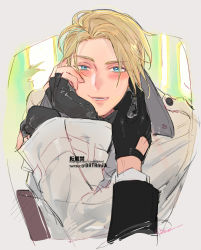 Rule 34 | 2boys, black gloves, black jacket, blonde hair, blue eyes, blush, crossed arms, final fantasy, final fantasy vii, final fantasy vii remake, fingerless gloves, gloves, grey background, hand on another&#039;s cheek, hand on another&#039;s face, hand on own cheek, hand on own face, jacket, long sleeves, looking at viewer, lower teeth only, male focus, multiple boys, out of frame, parted bangs, parted lips, rufus shinra, shirt, short hair, square enix, suit jacket, teeth, toujou sakana, tseng, turks (ff7), upper body, white jacket, white shirt, yaoi