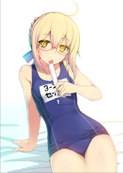 Rule 34 | 1girl, ahoge, arm support, artoria pendragon (fate), blonde hair, blue one-piece swimsuit, braid, braided bun, breasts, fate/grand order, fate (series), food, glasses, hair bun, looking at viewer, mysterious heroine x alter (fate), name tag, namonashi, one-piece swimsuit, open mouth, popsicle, reclining, ringed eyes, school swimsuit, small breasts, solo, swimsuit, tongue, tongue out, white background, yellow eyes